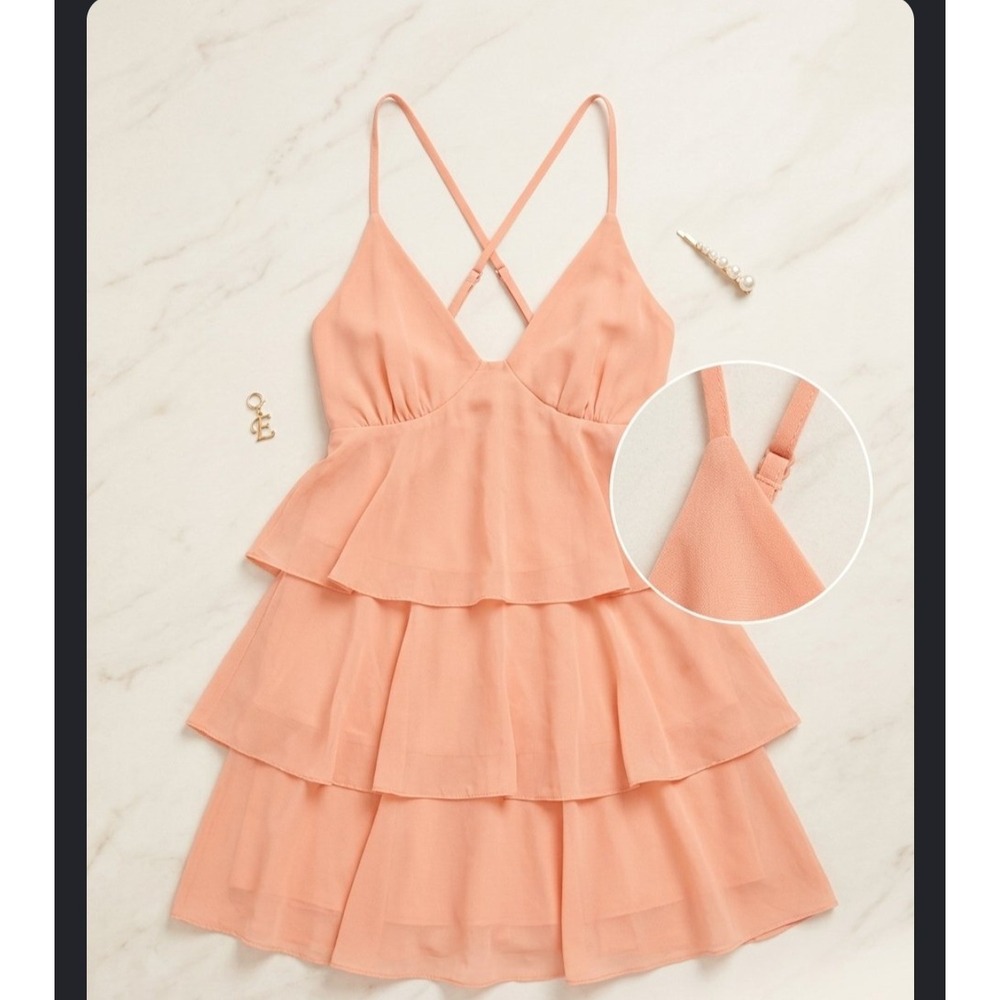 Liberty Love Peach Coral Tiered Ruffle Mini Dress V-Neck Strappy Back Large